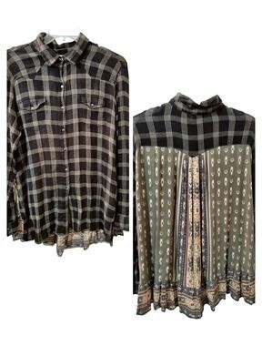 5038)Emma G Mix Print Boho Western Cottagore Button Up Floral Tunic Top Large
